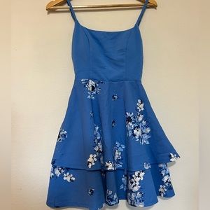 Blue Floral Spaghetti Strap Layered Flare Hem Dress - Jun & Ivy